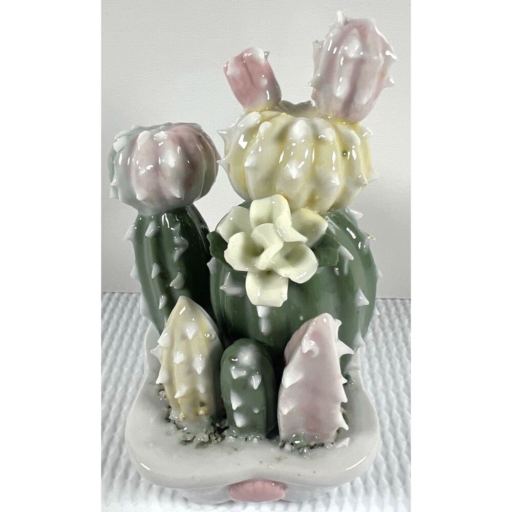 Vintage Porcelain Catus Garden Figurine-Blooming cacti with pink & white flowers